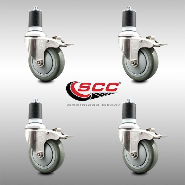 Service Caster 4 Inch 316SS Gray Poly Swivel 1-3/4 Inch Expanding Stem Caster Set Lock Brake SCC-SS316TTLEX20S414-PPUB-134-4 - main